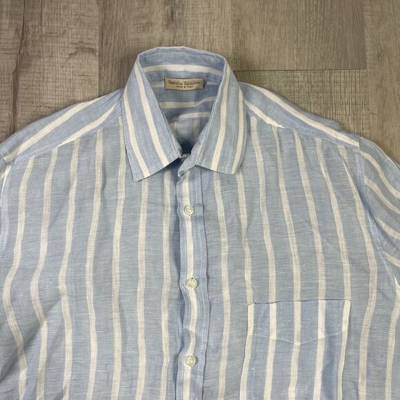 Sartoria Saracena Shirt Men's Large Button Up Blue Striped 100% Linen Italy N - Picture 5 of 11